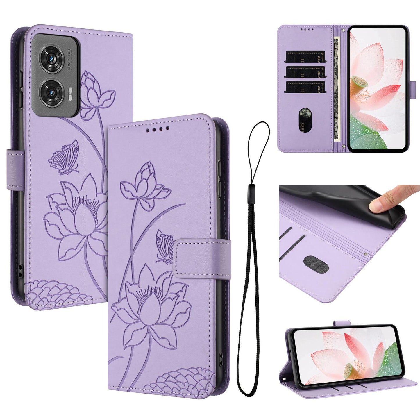 Motorola Edge 50 Fusion Lotus Embossed PU Leather Wallet Phone Case with Card Holder, Cash Pocket, Magnetic Flip Stand Cover, Wrist Lanyard Strap, Shockproof TPU Protective Folio Case - Purple
