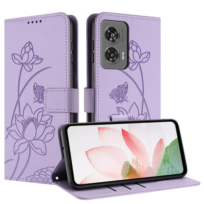 Motorola Edge 50 Fusion Lotus Embossed PU Leather Wallet Phone Case with Card Holder, Cash Pocket, Magnetic Flip Stand Cover, Wrist Lanyard Strap, Shockproof TPU Protective Folio Case - Purple