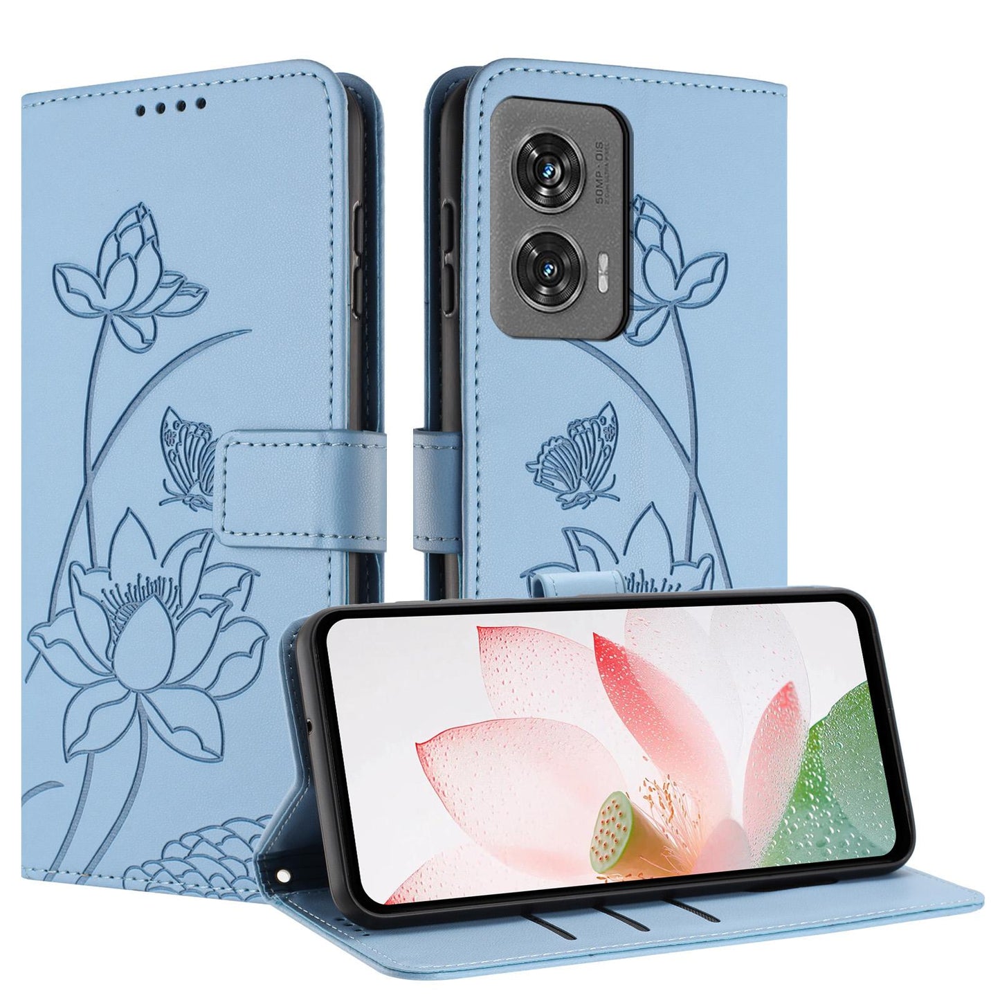Motorola Edge 50 Fusion Lotus Embossed PU Leather Wallet Phone Case with Card Holder, Cash Pocket, Magnetic Flip Stand Cover, Wrist Lanyard Strap, Shockproof TPU Protective Folio Case - Purple