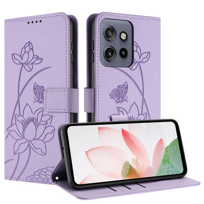 Motorola Edge 50 Neo Lotus Embossed PU Leather Wallet Phone Case with Card Holder, Cash Pocket, Magnetic Flip Stand Cover, Wrist Lanyard Strap, Shockproof TPU Protective Folio Case - Purple