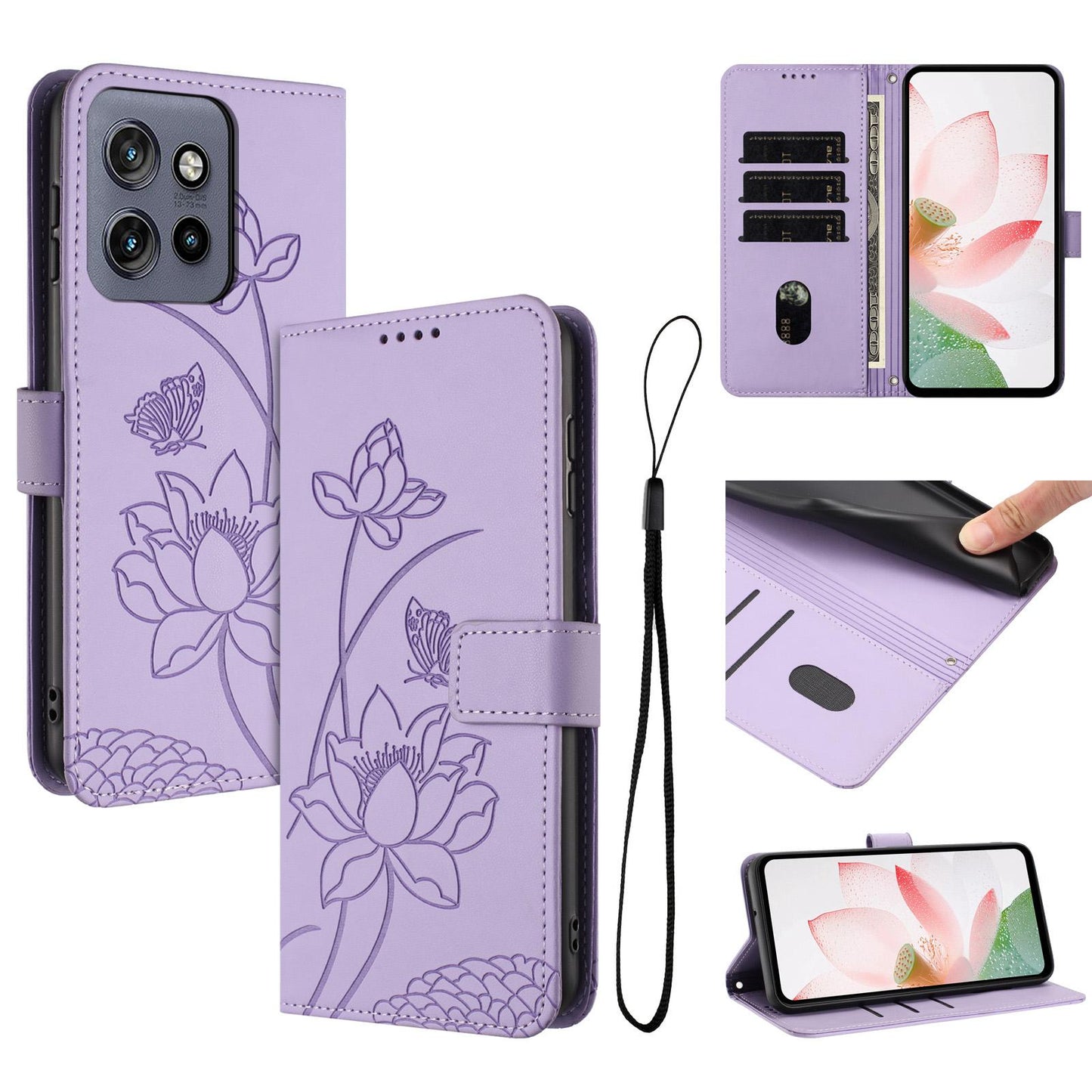Motorola Moto S50 Lotus Embossed PU Leather Wallet Phone Case with Card Holder, Cash Pocket, Magnetic Flip Stand Cover, Wrist Lanyard Strap, Shockproof TPU Protective Folio Case - Purple