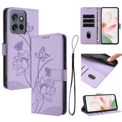 Motorola Moto S50 Lotus Embossed PU Leather Wallet Phone Case with Card Holder, Cash Pocket, Magnetic Flip Stand Cover, Wrist Lanyard Strap, Shockproof TPU Protective Folio Case - Purple