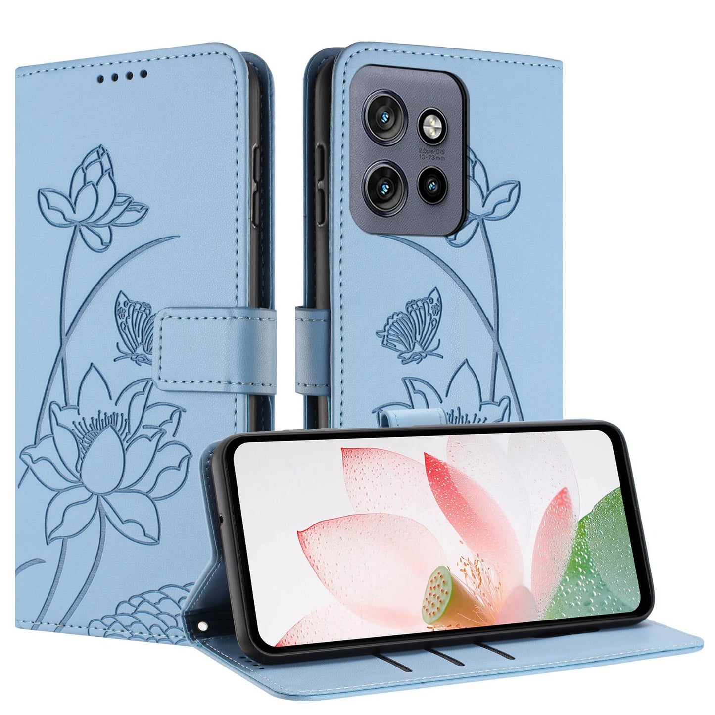 Motorola Edge 50 Neo Lotus Embossed PU Leather Wallet Phone Case with Card Holder, Cash Pocket, Magnetic Flip Stand Cover, Wrist Lanyard Strap, Shockproof TPU Protective Folio Case - Purple