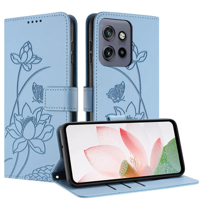 Motorola Edge 50 Neo Lotus Embossed PU Leather Wallet Phone Case with Card Holder, Cash Pocket, Magnetic Flip Stand Cover, Wrist Lanyard Strap, Shockproof TPU Protective Folio Case - Purple