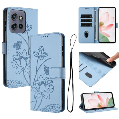 Motorola Moto S50 Lotus Embossed PU Leather Wallet Phone Case with Card Holder, Cash Pocket, Magnetic Flip Stand Cover, Wrist Lanyard Strap, Shockproof TPU Protective Folio Case - Purple