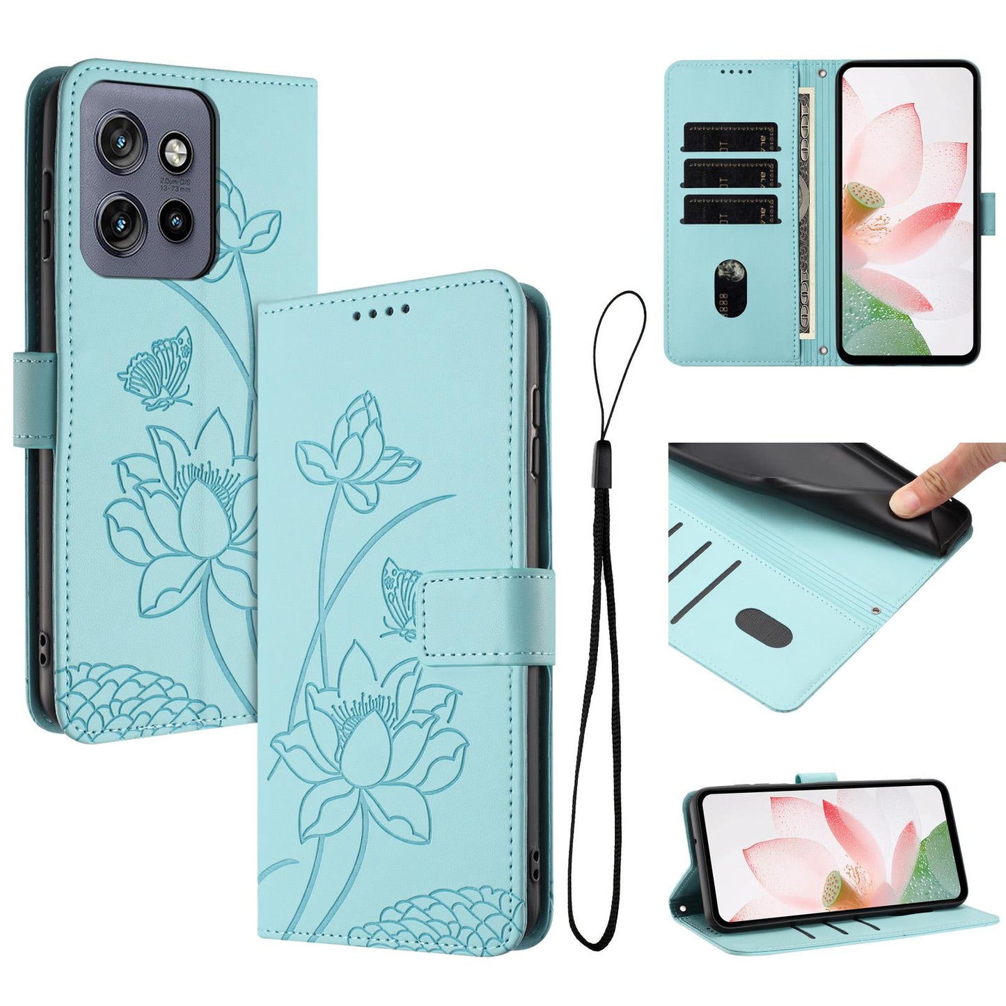 Motorola Edge 50 Neo Lotus Embossed PU Leather Wallet Phone Case with Card Holder, Cash Pocket, Magnetic Flip Stand Cover, Wrist Lanyard Strap, Shockproof TPU Protective Folio Case - Purple