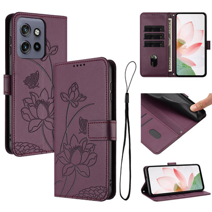 Motorola Moto S50 Lotus Embossed PU Leather Wallet Phone Case with Card Holder, Cash Pocket, Magnetic Flip Stand Cover, Wrist Lanyard Strap, Shockproof TPU Protective Folio Case - Purple