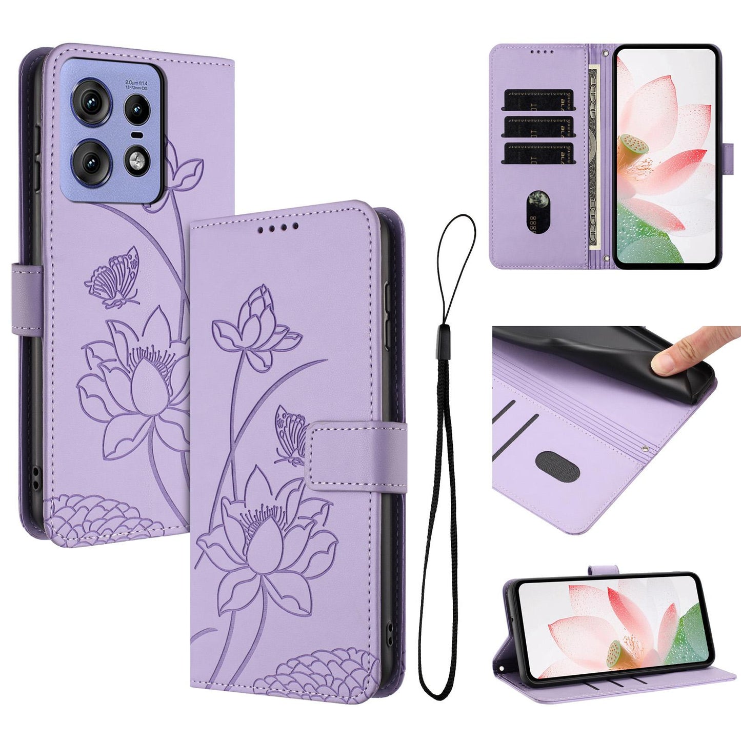Motorola Edge 50 Pro Lotus Embossed PU Leather Wallet Phone Case with Card Holder, Cash Pocket, Magnetic Flip Stand Cover, Wrist Lanyard Strap, Shockproof TPU Protective Folio Case - Purple