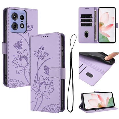 Motorola Edge 50 Lotus Embossed PU Leather Wallet Phone Case with Card Holder, Cash Pocket, Magnetic Flip Stand Cover, Wrist Lanyard Strap, Shockproof TPU Protective Folio Case - Purple