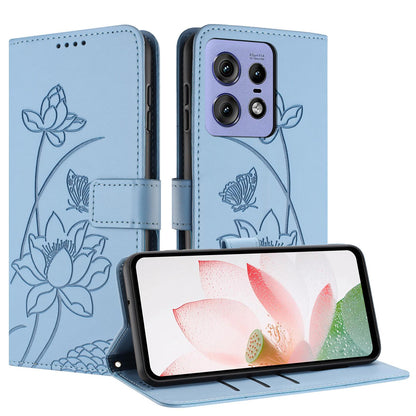 Motorola Edge 50 Lotus Embossed PU Leather Wallet Phone Case with Card Holder, Cash Pocket, Magnetic Flip Stand Cover, Wrist Lanyard Strap, Shockproof TPU Protective Folio Case - Purple