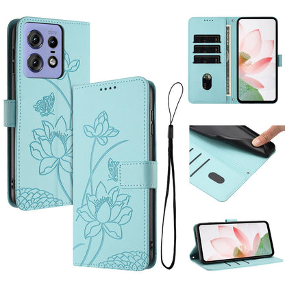 Motorola Edge 50 Lotus Embossed PU Leather Wallet Phone Case with Card Holder, Cash Pocket, Magnetic Flip Stand Cover, Wrist Lanyard Strap, Shockproof TPU Protective Folio Case - Purple