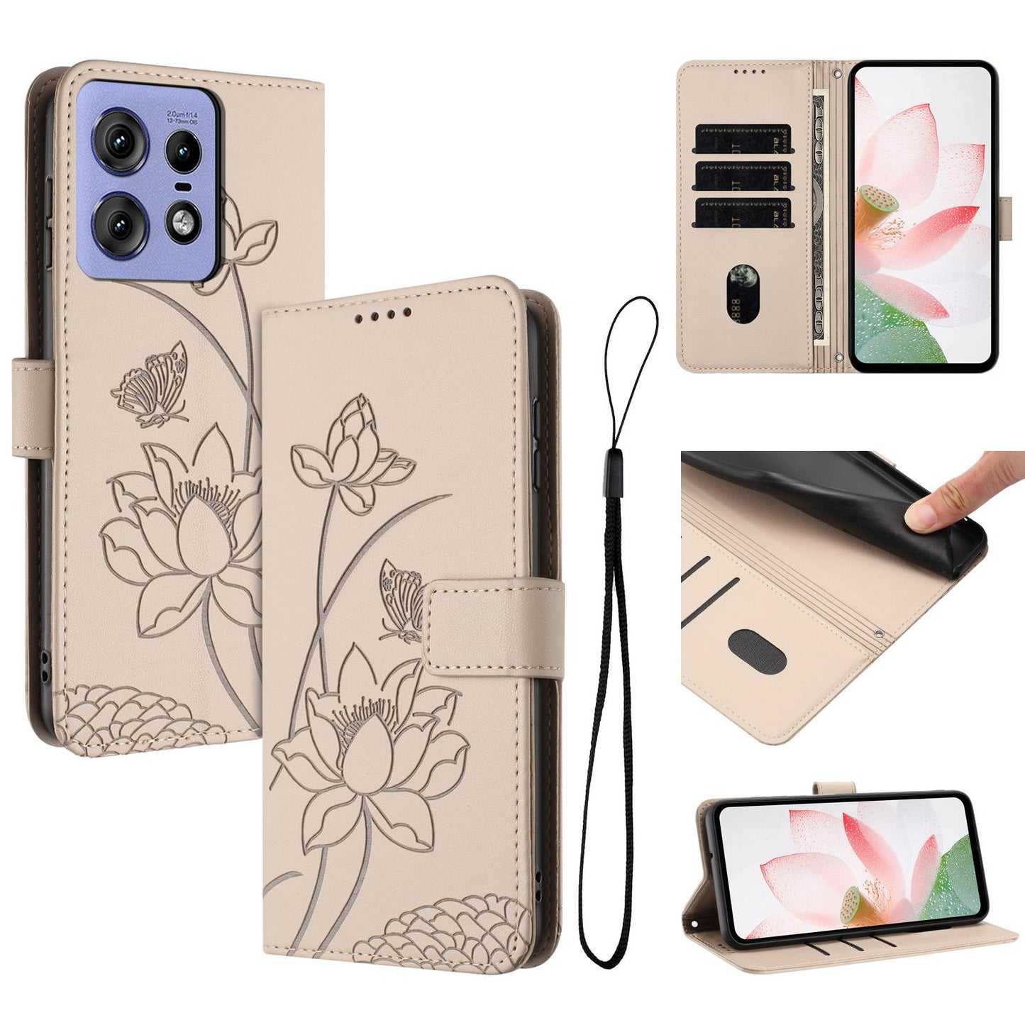 Motorola Edge 50 Lotus Embossed PU Leather Wallet Phone Case with Card Holder, Cash Pocket, Magnetic Flip Stand Cover, Wrist Lanyard Strap, Shockproof TPU Protective Folio Case - Purple