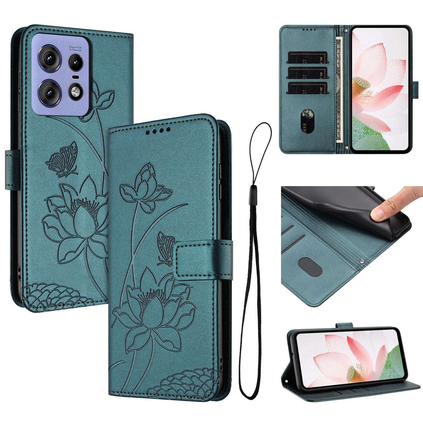 Motorola Edge 50 Pro Lotus Embossed PU Leather Wallet Phone Case with Card Holder, Cash Pocket, Magnetic Flip Stand Cover, Wrist Lanyard Strap, Shockproof TPU Protective Folio Case - Purple