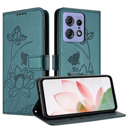 Motorola Edge 50 Pro Lotus Embossed PU Leather Wallet Phone Case with Card Holder, Cash Pocket, Magnetic Flip Stand Cover, Wrist Lanyard Strap, Shockproof TPU Protective Folio Case - Purple