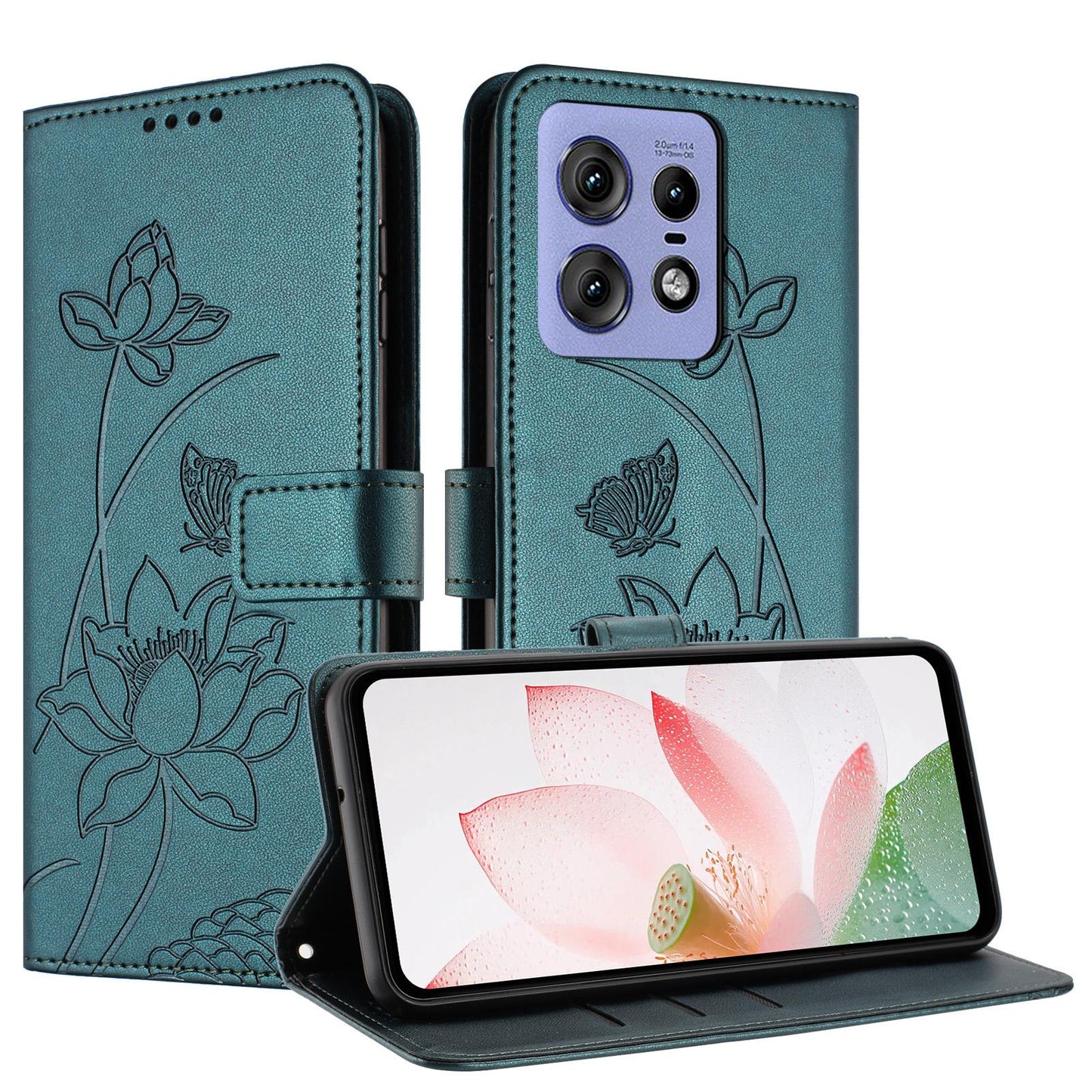 Motorola Edge 50 Lotus Embossed PU Leather Wallet Phone Case with Card Holder, Cash Pocket, Magnetic Flip Stand Cover, Wrist Lanyard Strap, Shockproof TPU Protective Folio Case - Purple