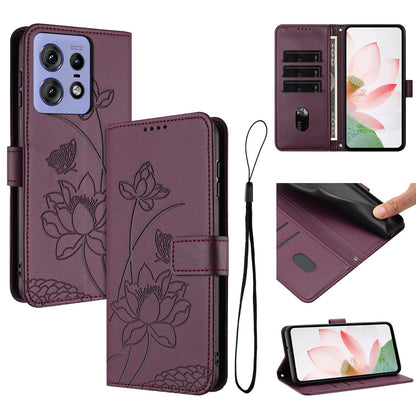 Motorola Edge 50 Pro Lotus Embossed PU Leather Wallet Phone Case with Card Holder, Cash Pocket, Magnetic Flip Stand Cover, Wrist Lanyard Strap, Shockproof TPU Protective Folio Case - Purple