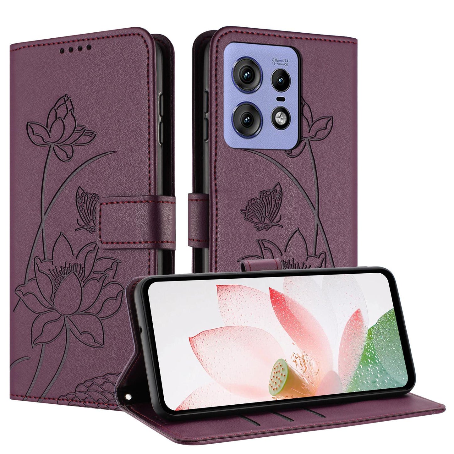 Motorola Edge 50 Lotus Embossed PU Leather Wallet Phone Case with Card Holder, Cash Pocket, Magnetic Flip Stand Cover, Wrist Lanyard Strap, Shockproof TPU Protective Folio Case - Purple