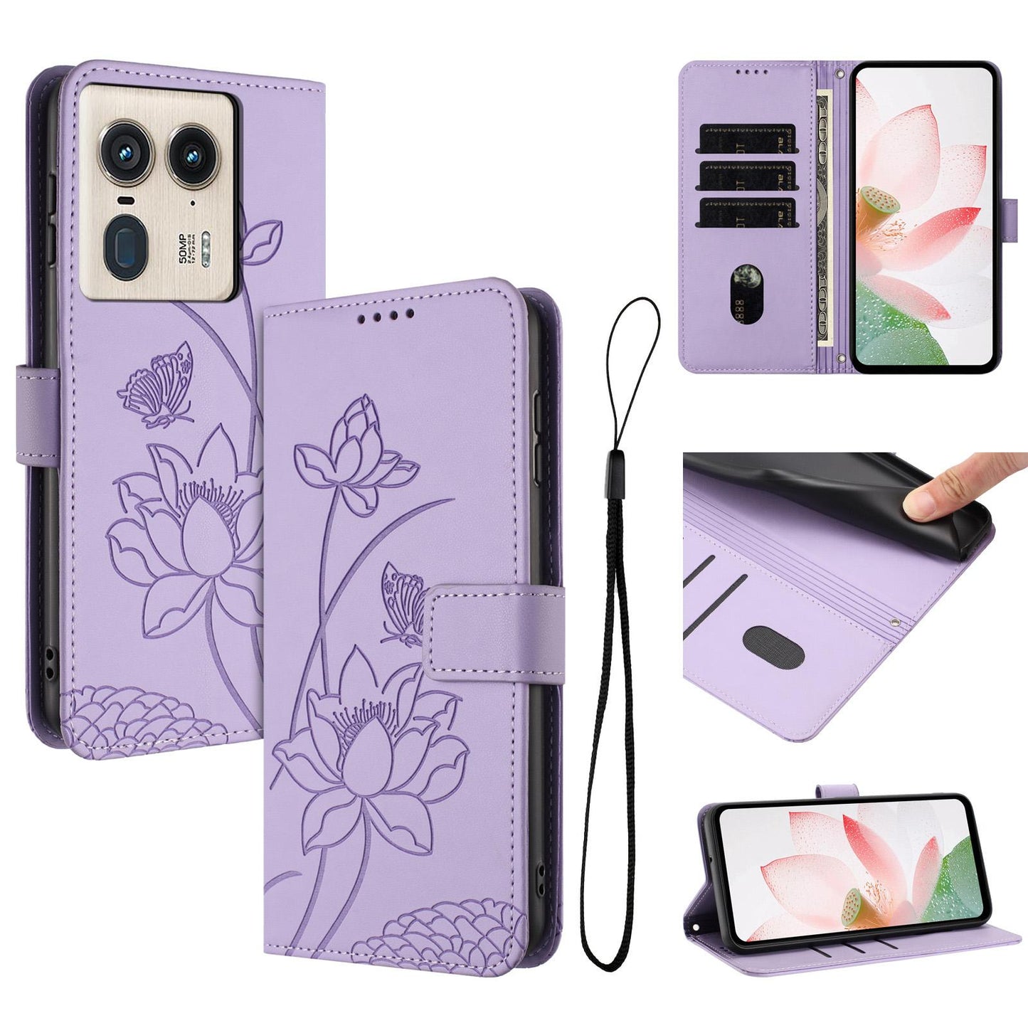 Motorola Edge 50 Ultra Lotus Embossed PU Leather Wallet Phone Case with Card Holder, Cash Pocket, Magnetic Flip Stand Cover, Wrist Lanyard Strap, Shockproof TPU Protective Folio Case - Purple