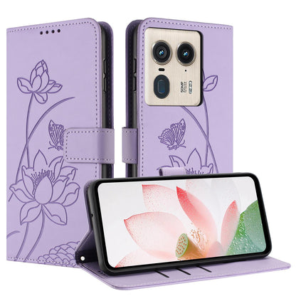 Motorola Moto X50 Ultra Lotus Embossed PU Leather Wallet Phone Case with Card Holder, Cash Pocket, Magnetic Flip Stand Cover, Wrist Lanyard Strap, Shockproof TPU Protective Folio Case - Purple