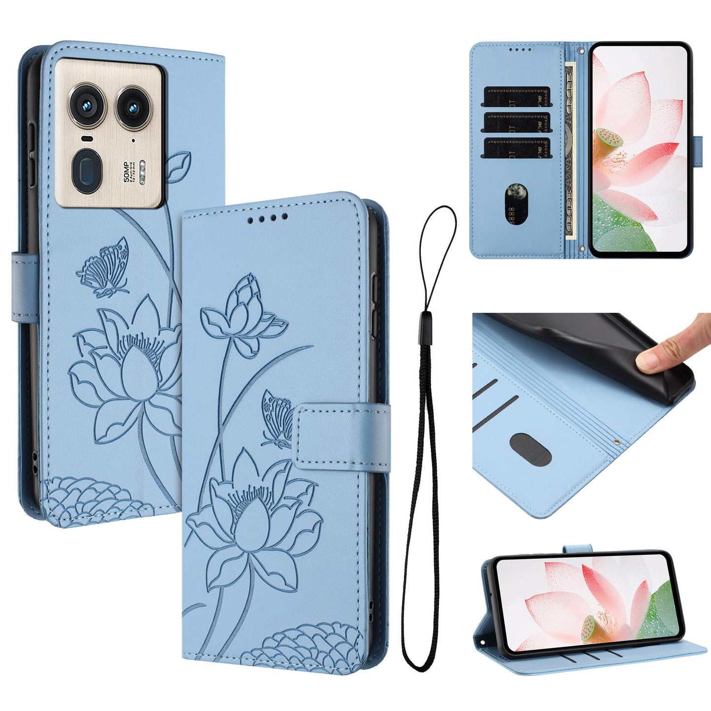 Motorola Edge 50 Ultra Lotus Embossed PU Leather Wallet Phone Case with Card Holder, Cash Pocket, Magnetic Flip Stand Cover, Wrist Lanyard Strap, Shockproof TPU Protective Folio Case - Purple