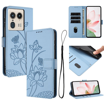 Motorola Edge 50 Ultra Lotus Embossed PU Leather Wallet Phone Case with Card Holder, Cash Pocket, Magnetic Flip Stand Cover, Wrist Lanyard Strap, Shockproof TPU Protective Folio Case - Purple