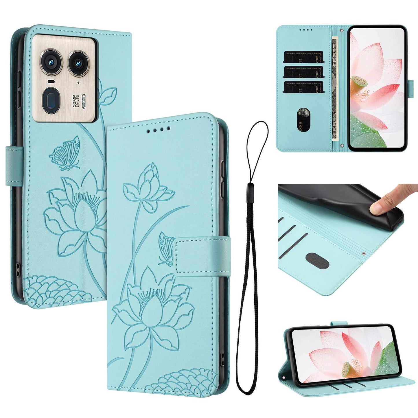 Motorola Edge 50 Ultra Lotus Embossed PU Leather Wallet Phone Case with Card Holder, Cash Pocket, Magnetic Flip Stand Cover, Wrist Lanyard Strap, Shockproof TPU Protective Folio Case - Purple