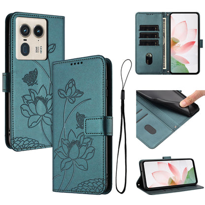 Motorola Edge 50 Ultra Lotus Embossed PU Leather Wallet Phone Case with Card Holder, Cash Pocket, Magnetic Flip Stand Cover, Wrist Lanyard Strap, Shockproof TPU Protective Folio Case - Purple
