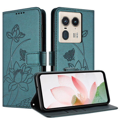 Motorola Edge 50 Ultra Lotus Embossed PU Leather Wallet Phone Case with Card Holder, Cash Pocket, Magnetic Flip Stand Cover, Wrist Lanyard Strap, Shockproof TPU Protective Folio Case - Purple