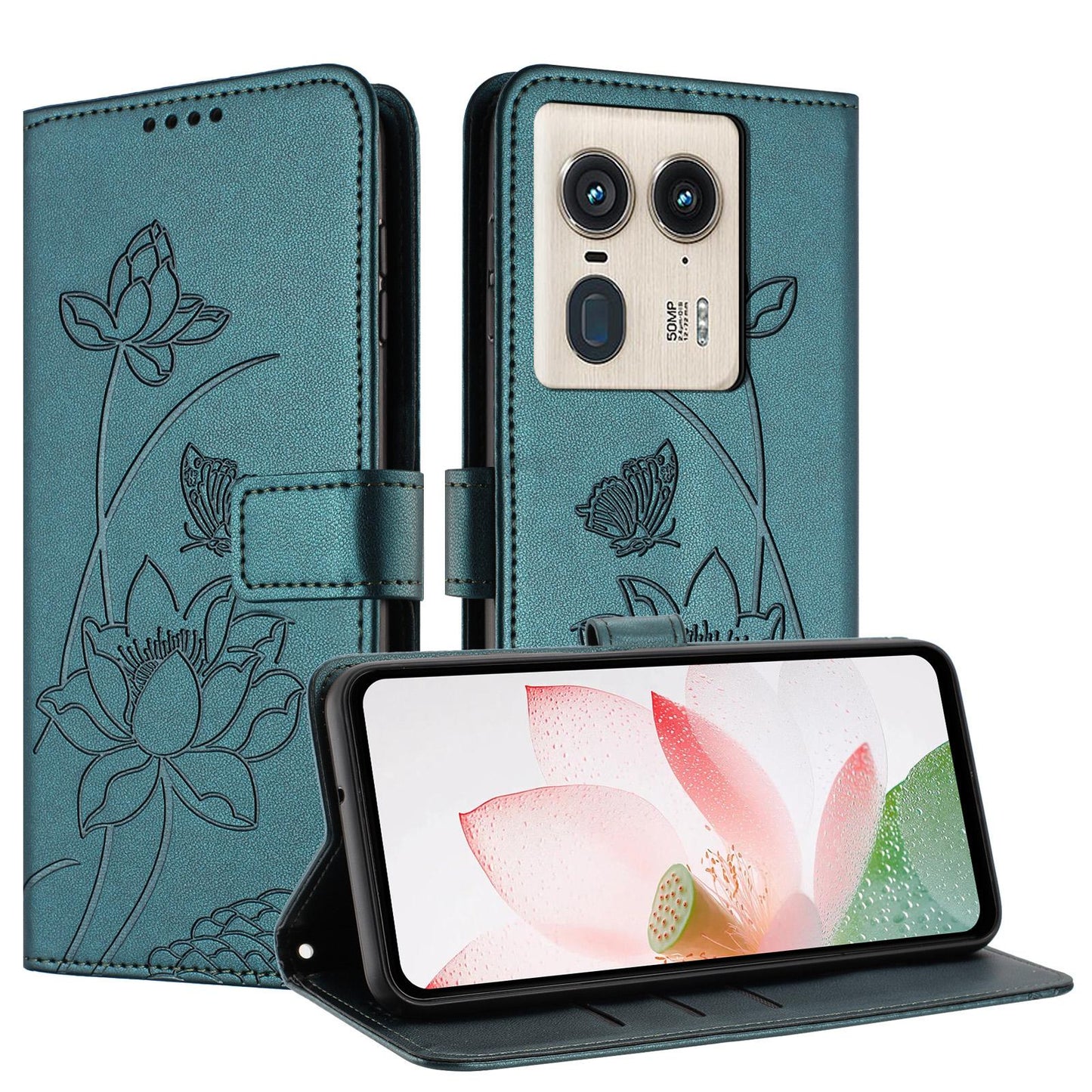 Motorola Moto X50 Ultra Lotus Embossed PU Leather Wallet Phone Case with Card Holder, Cash Pocket, Magnetic Flip Stand Cover, Wrist Lanyard Strap, Shockproof TPU Protective Folio Case - Purple