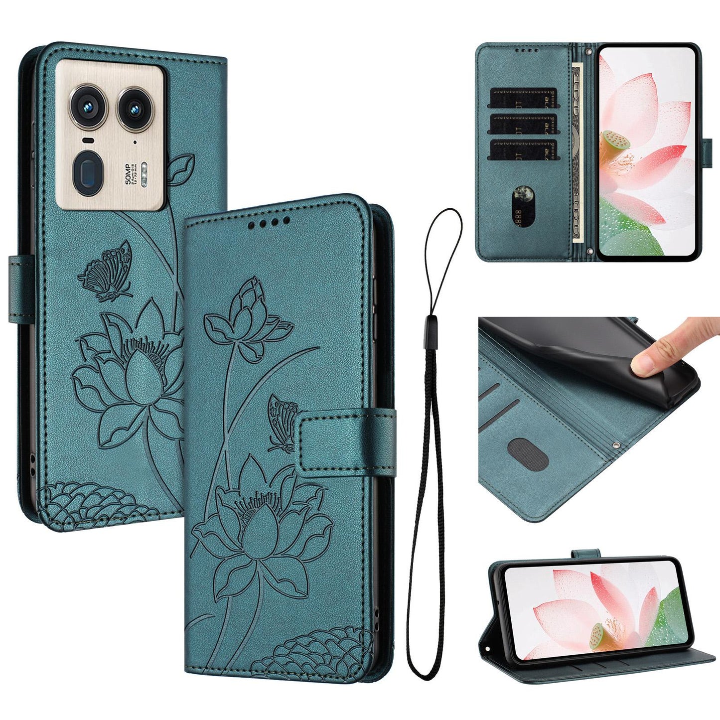 Motorola Moto X50 Ultra Lotus Embossed PU Leather Wallet Phone Case with Card Holder, Cash Pocket, Magnetic Flip Stand Cover, Wrist Lanyard Strap, Shockproof TPU Protective Folio Case - Purple