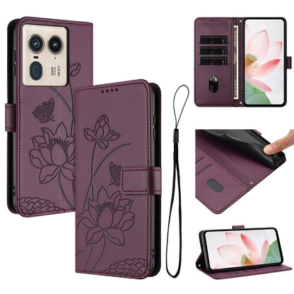 Motorola Edge 50 Ultra Lotus Embossed PU Leather Wallet Phone Case with Card Holder, Cash Pocket, Magnetic Flip Stand Cover, Wrist Lanyard Strap, Shockproof TPU Protective Folio Case - Purple