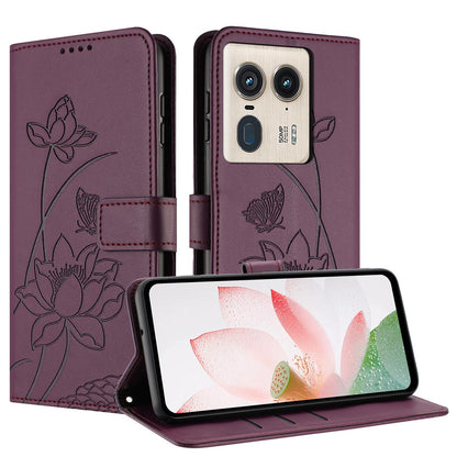 Motorola Moto X50 Ultra Lotus Embossed PU Leather Wallet Phone Case with Card Holder, Cash Pocket, Magnetic Flip Stand Cover, Wrist Lanyard Strap, Shockproof TPU Protective Folio Case - Purple