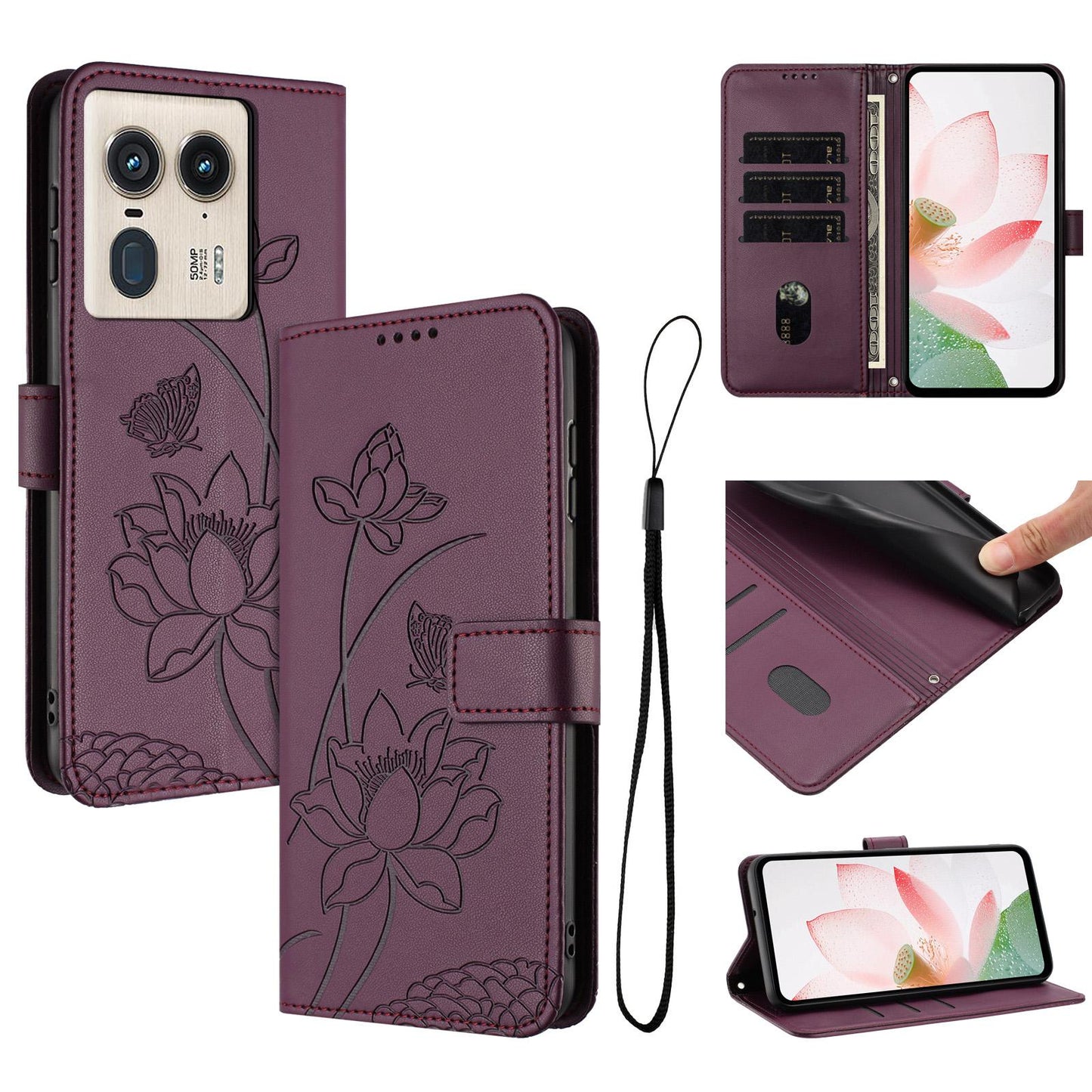 Motorola Moto X50 Ultra Lotus Embossed PU Leather Wallet Phone Case with Card Holder, Cash Pocket, Magnetic Flip Stand Cover, Wrist Lanyard Strap, Shockproof TPU Protective Folio Case - Purple