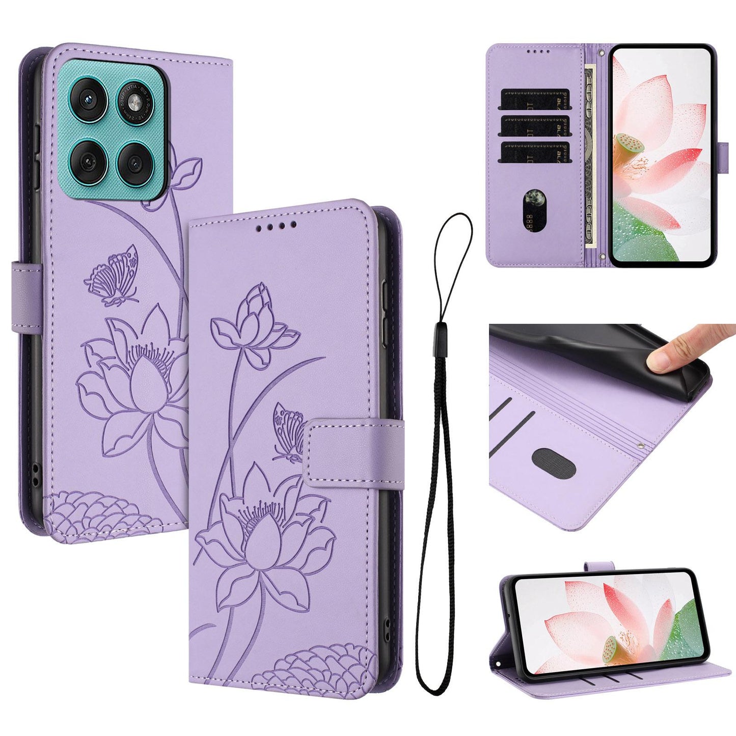 Motorola Edge 60 Fusion Lotus Embossed PU Leather Wallet Phone Case with Card Holder, Cash Pocket, Magnetic Flip Stand Cover, Wrist Lanyard Strap, Shockproof TPU Protective Folio Case - Purple