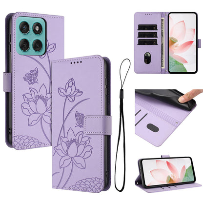 Motorola Edge 60 Pro Lotus Embossed PU Leather Wallet Phone Case with Card Holder, Cash Pocket, Magnetic Flip Stand Cover, Wrist Lanyard Strap, Shockproof TPU Protective Folio Case - Purple