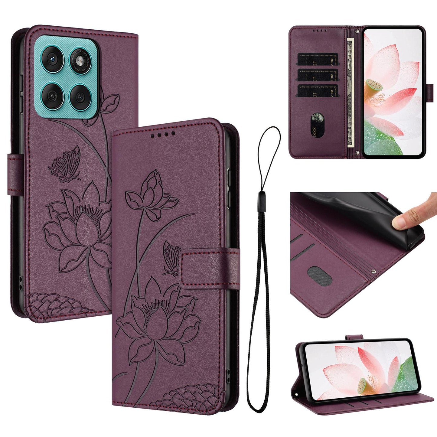 Motorola Edge 60 Fusion Lotus Embossed PU Leather Wallet Phone Case with Card Holder, Cash Pocket, Magnetic Flip Stand Cover, Wrist Lanyard Strap, Shockproof TPU Protective Folio Case - Purple