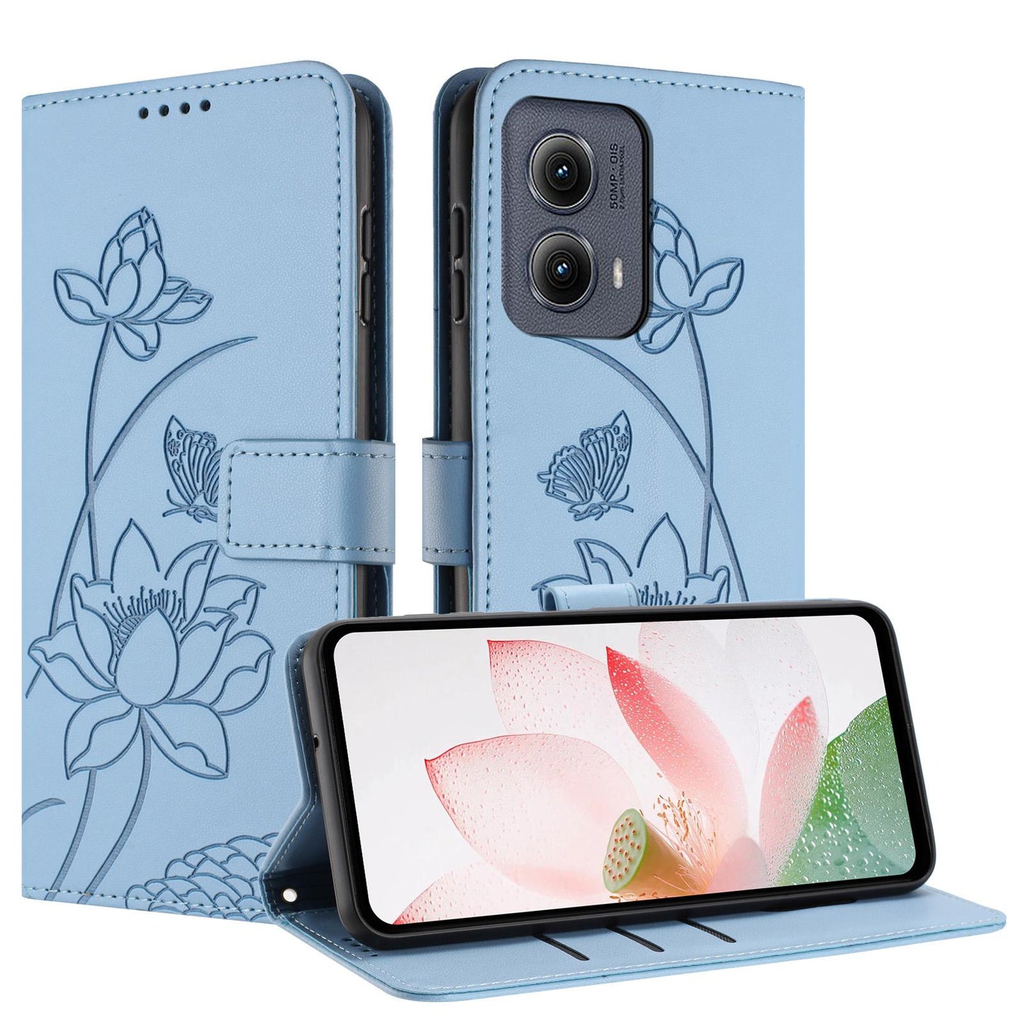 Motorola Edge 2024 Lotus Embossed PU Leather Wallet Phone Case with Card Holder, Cash Pocket, Magnetic Flip Stand Cover, Wrist Lanyard Strap, Shockproof TPU Protective Folio Case - Purple