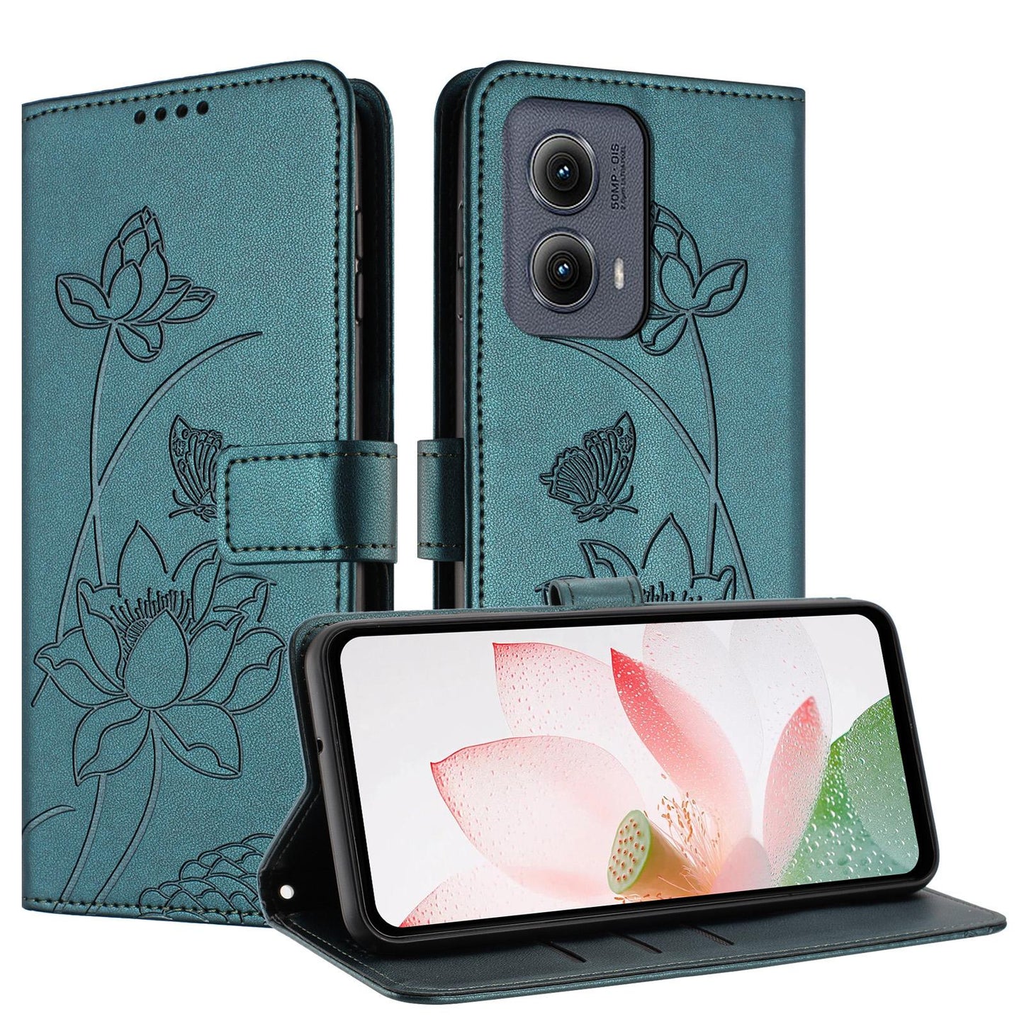 Motorola Edge 2024 Lotus Embossed PU Leather Wallet Phone Case with Card Holder, Cash Pocket, Magnetic Flip Stand Cover, Wrist Lanyard Strap, Shockproof TPU Protective Folio Case - Purple