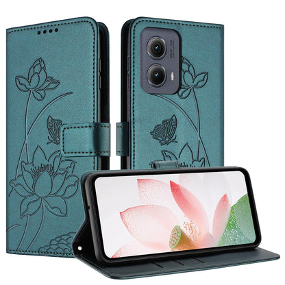 Motorola Edge 2024 Lotus Embossed PU Leather Wallet Phone Case with Card Holder, Cash Pocket, Magnetic Flip Stand Cover, Wrist Lanyard Strap, Shockproof TPU Protective Folio Case - Purple