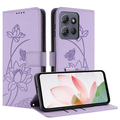 Motorola Moto G 5G 2025 Lotus Embossed PU Leather Wallet Phone Case with Card Holder, Cash Pocket, Magnetic Flip Stand Cover, Wrist Lanyard Strap, Shockproof TPU Protective Folio Case - Purple