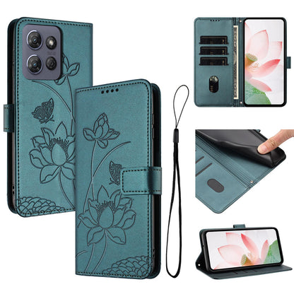 Motorola Moto G 5G 2025 Lotus Embossed PU Leather Wallet Phone Case with Card Holder, Cash Pocket, Magnetic Flip Stand Cover, Wrist Lanyard Strap, Shockproof TPU Protective Folio Case - Purple