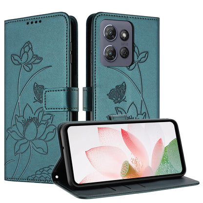 Motorola Moto G 5G 2025 Lotus Embossed PU Leather Wallet Phone Case with Card Holder, Cash Pocket, Magnetic Flip Stand Cover, Wrist Lanyard Strap, Shockproof TPU Protective Folio Case - Purple
