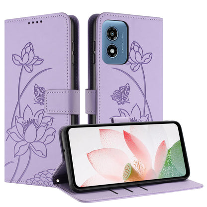 Motorola Moto G Play 4G 2024 Lotus Embossed PU Leather Wallet Phone Case with Card Holder, Cash Pocket, Magnetic Flip Stand Cover, Wrist Lanyard Strap, Shockproof TPU Protective Folio Case - Purple