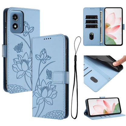Motorola Moto G Play 4G 2024 Lotus Embossed PU Leather Wallet Phone Case with Card Holder, Cash Pocket, Magnetic Flip Stand Cover, Wrist Lanyard Strap, Shockproof TPU Protective Folio Case - Purple