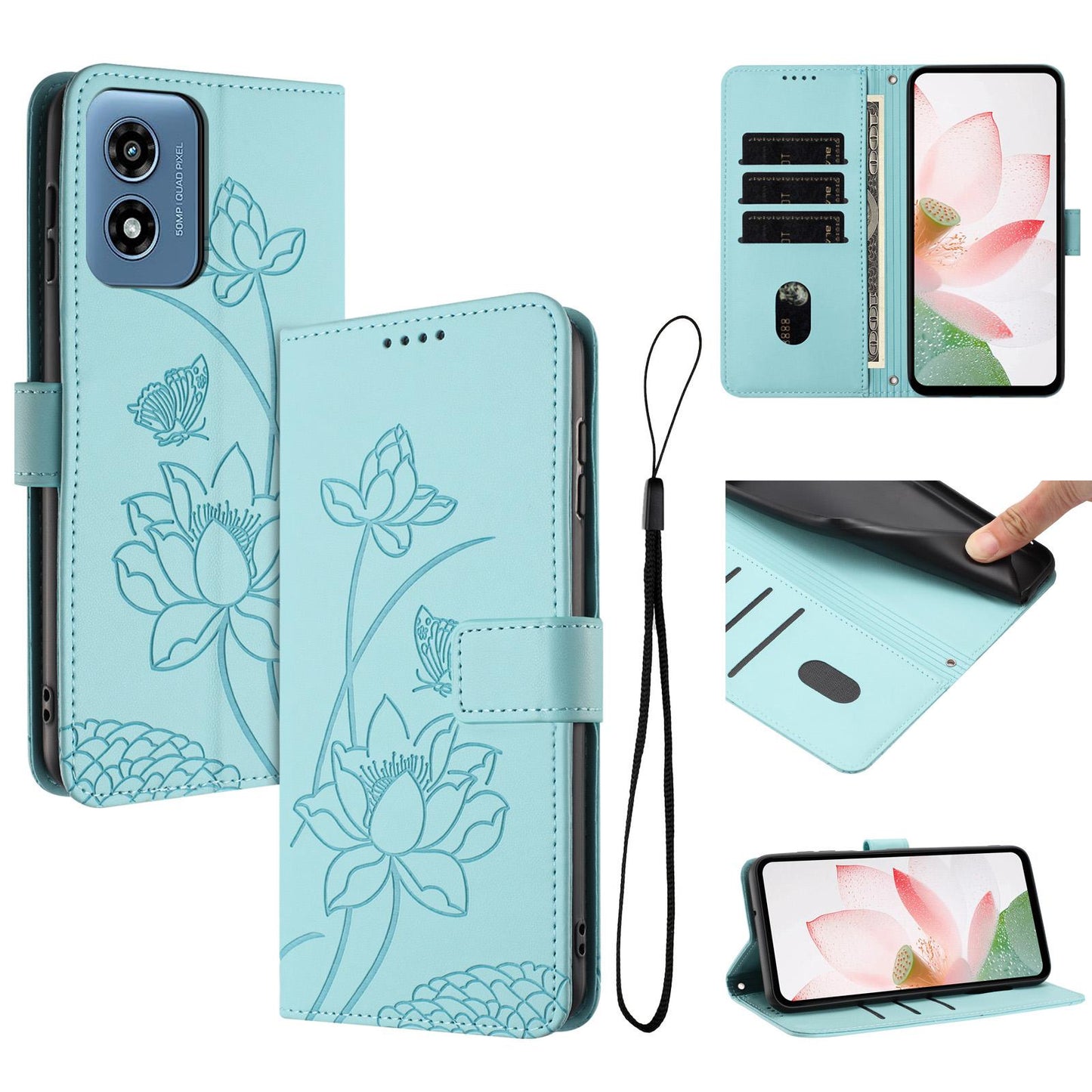 Motorola Moto G Play 4G 2024 Lotus Embossed PU Leather Wallet Phone Case with Card Holder, Cash Pocket, Magnetic Flip Stand Cover, Wrist Lanyard Strap, Shockproof TPU Protective Folio Case - Purple
