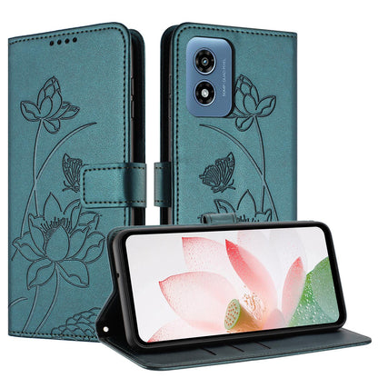 Motorola Moto G Play 4G 2024 Lotus Embossed PU Leather Wallet Phone Case with Card Holder, Cash Pocket, Magnetic Flip Stand Cover, Wrist Lanyard Strap, Shockproof TPU Protective Folio Case - Purple