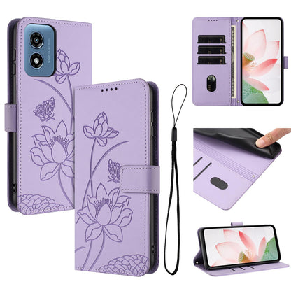Motorola Moto G Play 5G 2024 Lotus Embossed PU Leather Wallet Phone Case with Card Holder, Cash Pocket, Magnetic Flip Stand Cover, Wrist Lanyard Strap, Shockproof TPU Protective Folio Case - Purple