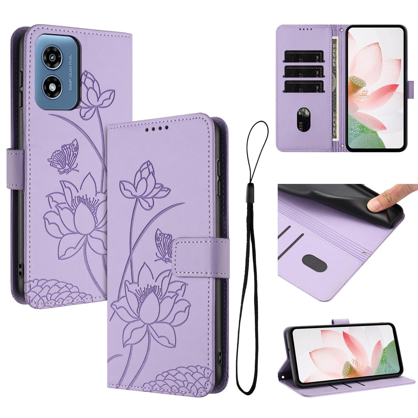 Motorola Moto G 5G 2024 Lotus Embossed PU Leather Wallet Phone Case with Card Holder, Cash Pocket, Magnetic Flip Stand Cover, Wrist Lanyard Strap, Shockproof TPU Protective Folio Case - Purple
