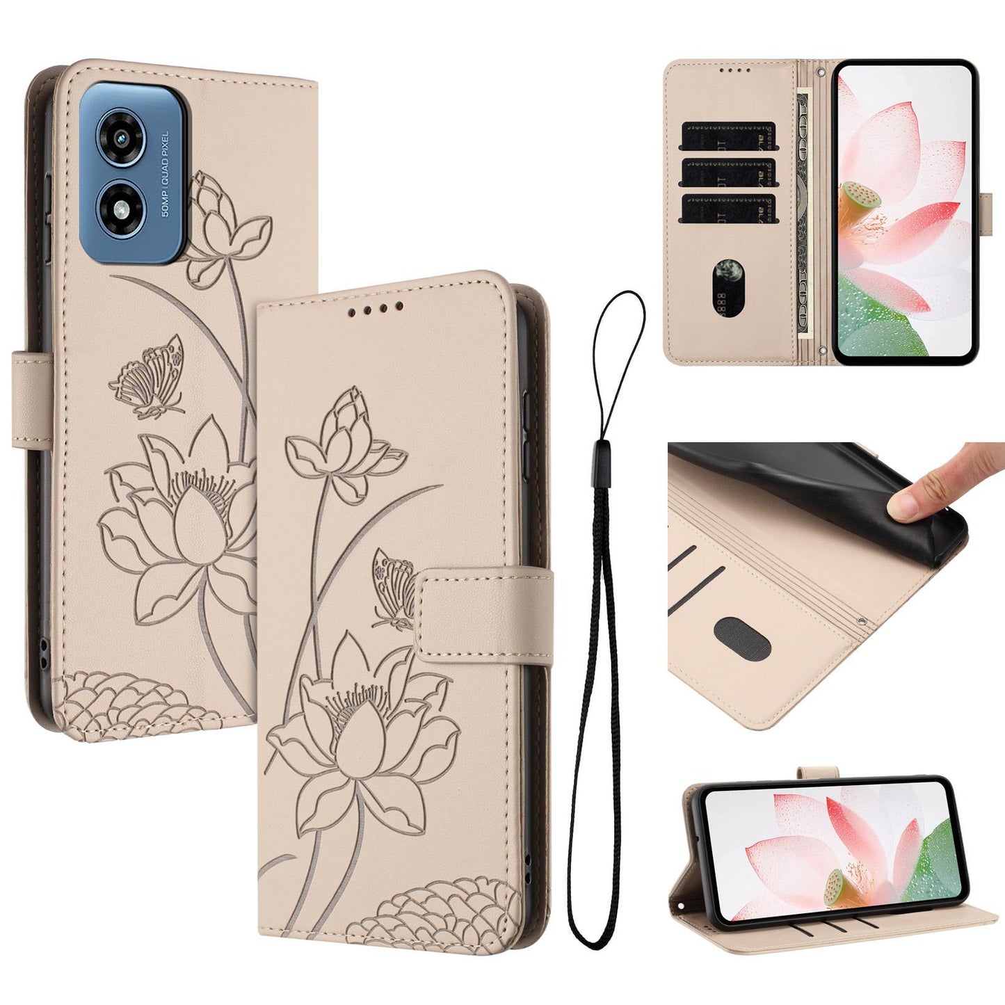 Motorola Moto G Play 5G 2024 Lotus Embossed PU Leather Wallet Phone Case with Card Holder, Cash Pocket, Magnetic Flip Stand Cover, Wrist Lanyard Strap, Shockproof TPU Protective Folio Case - Purple