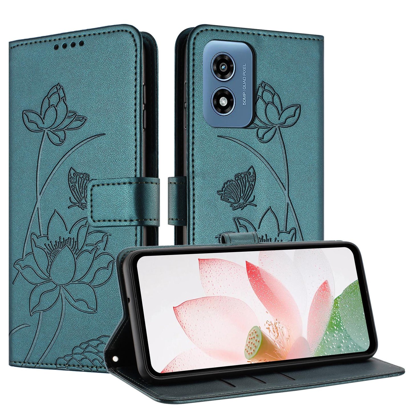 Motorola Moto G Play 5G 2024 Lotus Embossed PU Leather Wallet Phone Case with Card Holder, Cash Pocket, Magnetic Flip Stand Cover, Wrist Lanyard Strap, Shockproof TPU Protective Folio Case - Purple